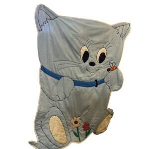 Vintage Handmade Cat Shaped Blue Checkered Embroidered Cat Baby Blanket 49”x36”